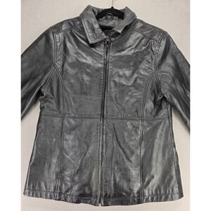 Women's Black Leather Jacket Medium Fitted Zip Front Classic Minimal BurryLane